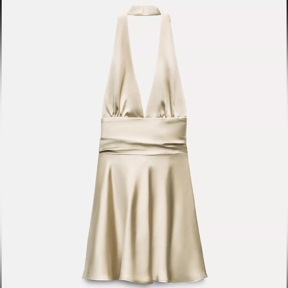 Zara Beige Satin Effect Halter Mini Dress